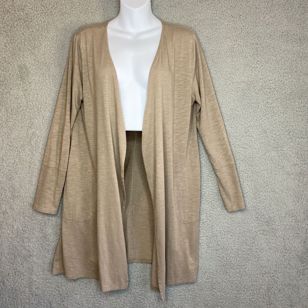 Tasc Organic Cotton Bamboo Open Front Long Cardigan Beige Oversized Sz S Pockets